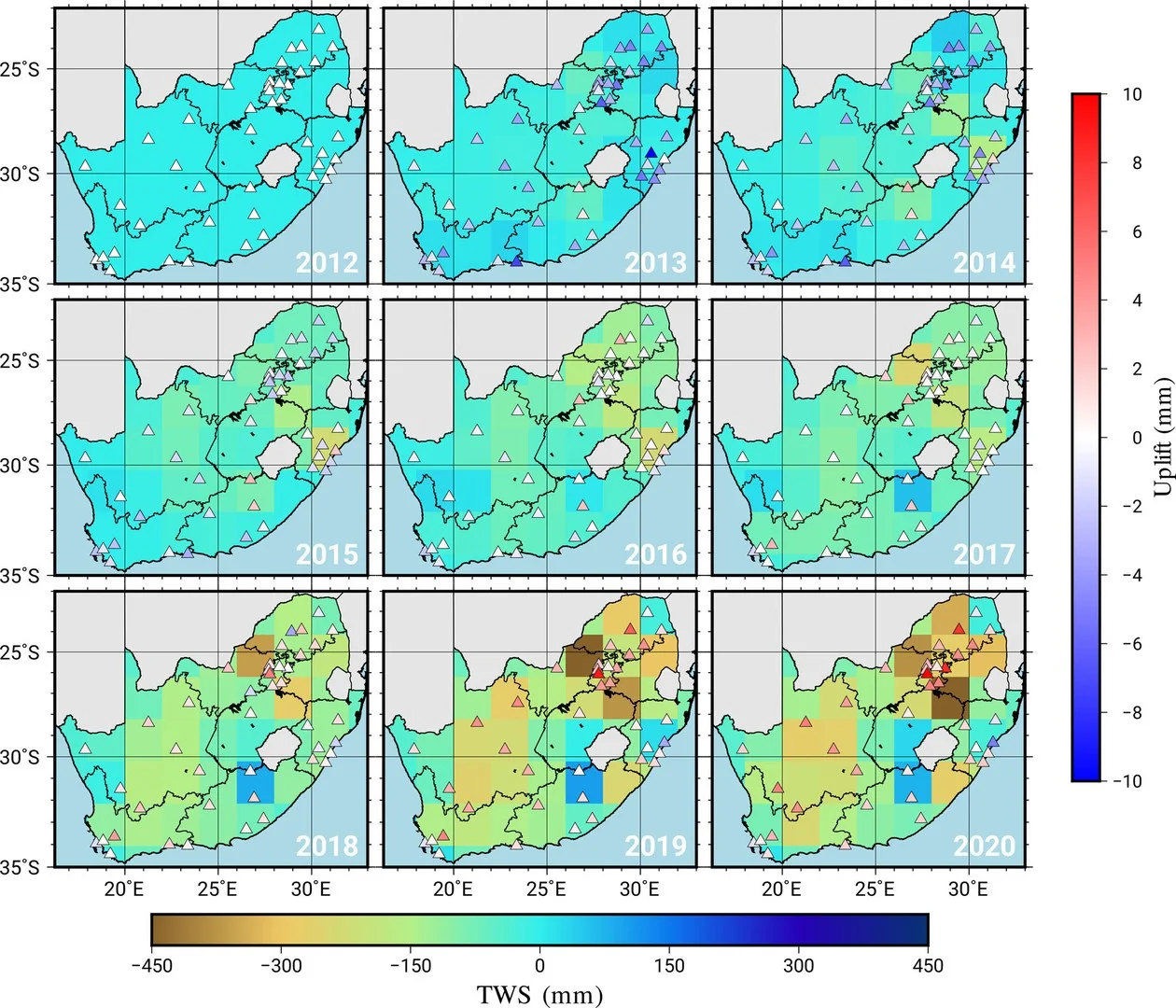 The graph shows the water losses and gains - in South Africa between 2012 and 2020. The browner the region, the higher the water loss. The triangles represent GPS stations. A red triangle means that this station has risen in height since 2012.